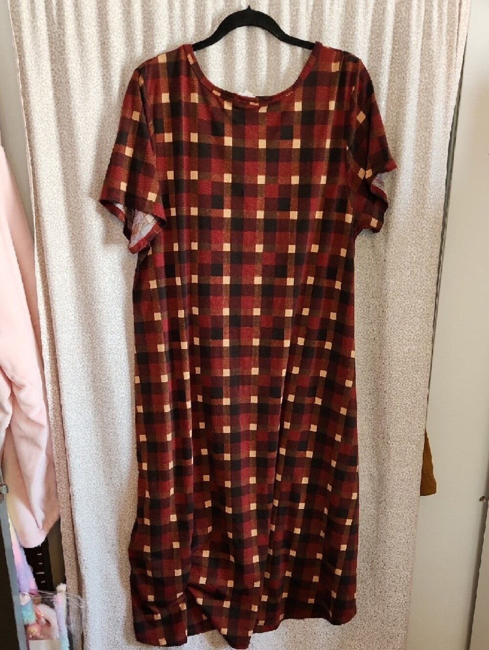Lularoe Plaid Short-Sleeve Midi Dress in Burgundy and Mustard FINAL PRICE - Picture 6 of 6
